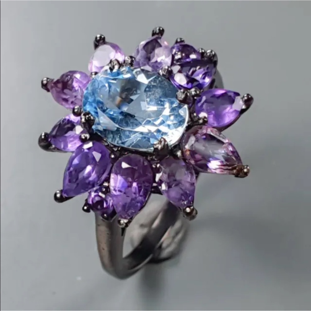 Splendid Genuine Blue Topaz & Amethyst Ring - Picture 1 of 14